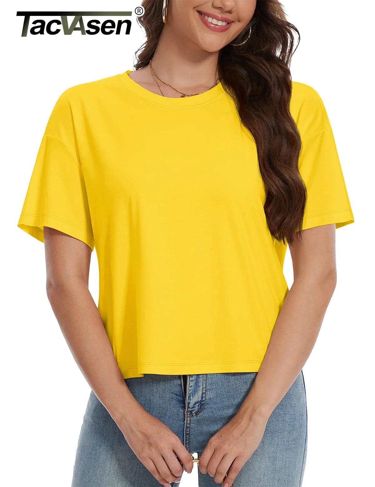TACVASEN UPF 50+ Cropped Cotton T-Shirts Womens Summer Short Sleeve Casual Crew Neck Tops Breathable Sun UV Block Outdoor Tees