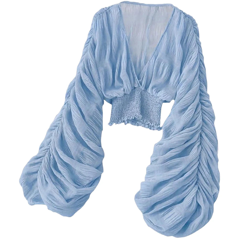 Chiffon Draped V-Neck Cropped Blouse