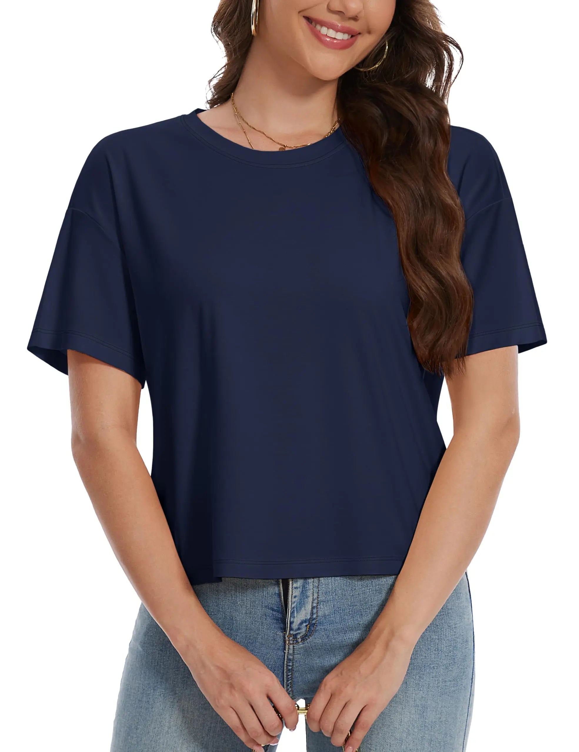 TACVASEN UPF 50+ Cropped Cotton T-Shirts Womens Summer Short Sleeve Casual Crew Neck Tops Breathable Sun UV Block Outdoor Tees