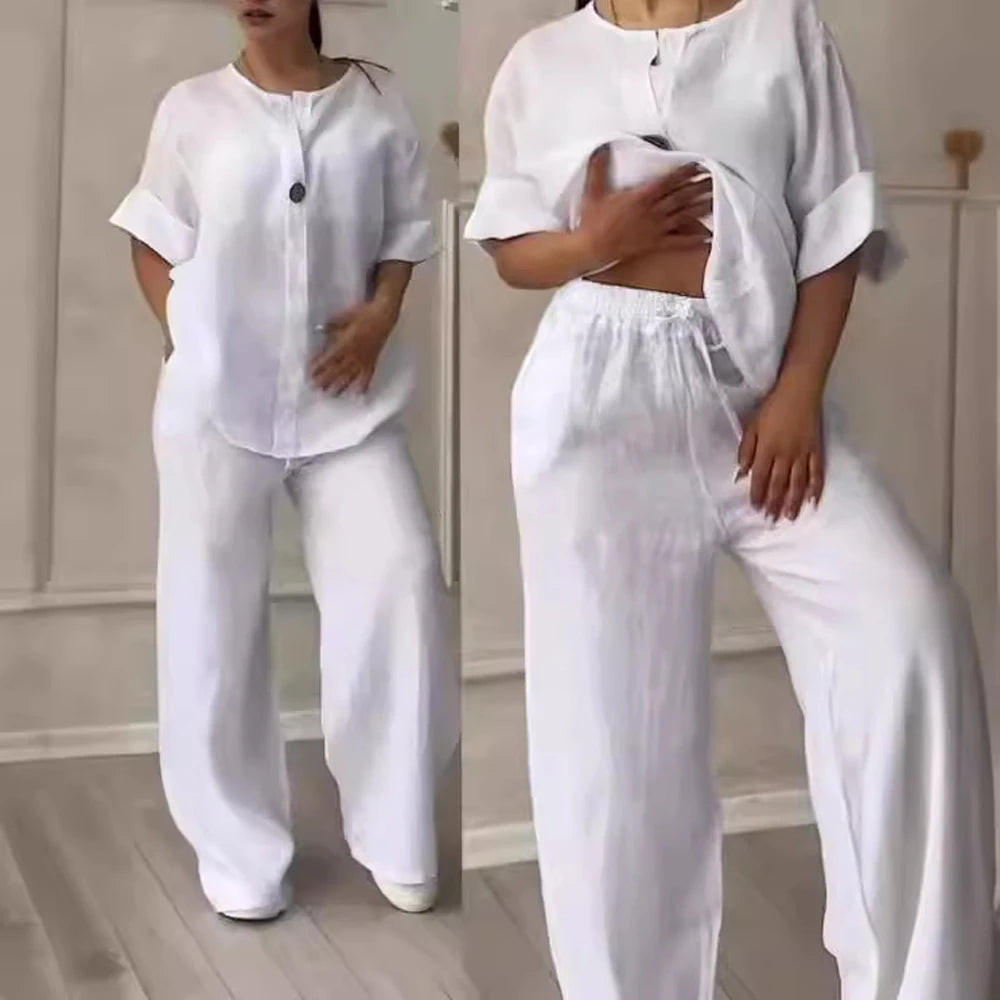 Cotton-Linen Shirt & Wide-Leg Pants Set