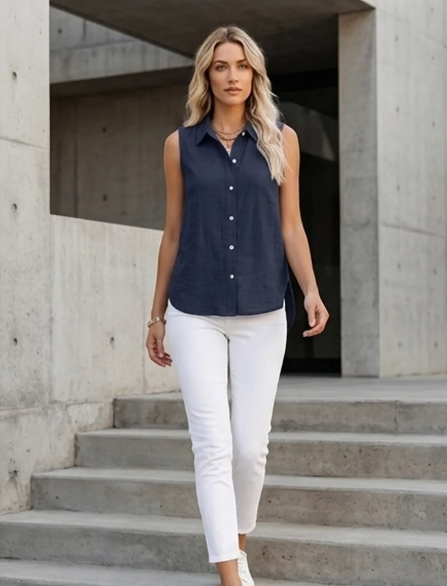 Women's Cotton Linen Sleeveless Blouse – Navy