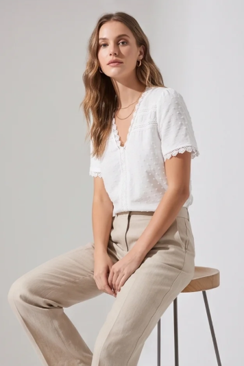Women's Lace V-Neck Short-Sleeve Blouse – White