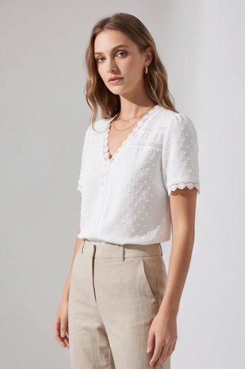 Women's Lace V-Neck Short-Sleeve Blouse – White