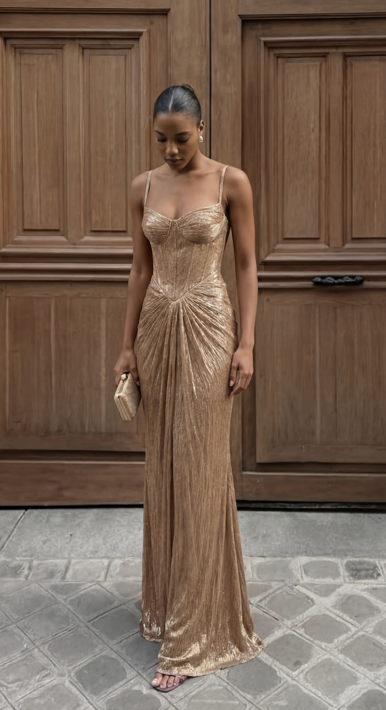 Aurora Metallic Corset Maxi Gown in Gold by Aurelia Sun