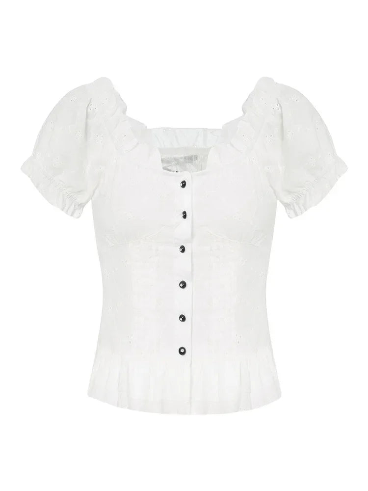 Lace Corset-Seam Button-Up T-Shirt