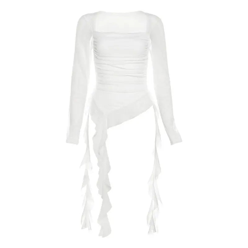 Mesh Ruffle Long-Sleeve Crop T-Shirt