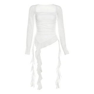 Mesh Ruffle Long-Sleeve Crop T-Shirt