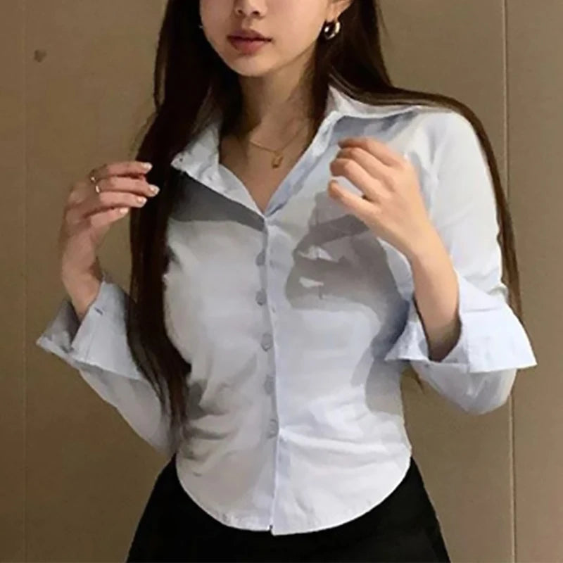 Chiffon Button-Up Long-Sleeve Cropped Blouse