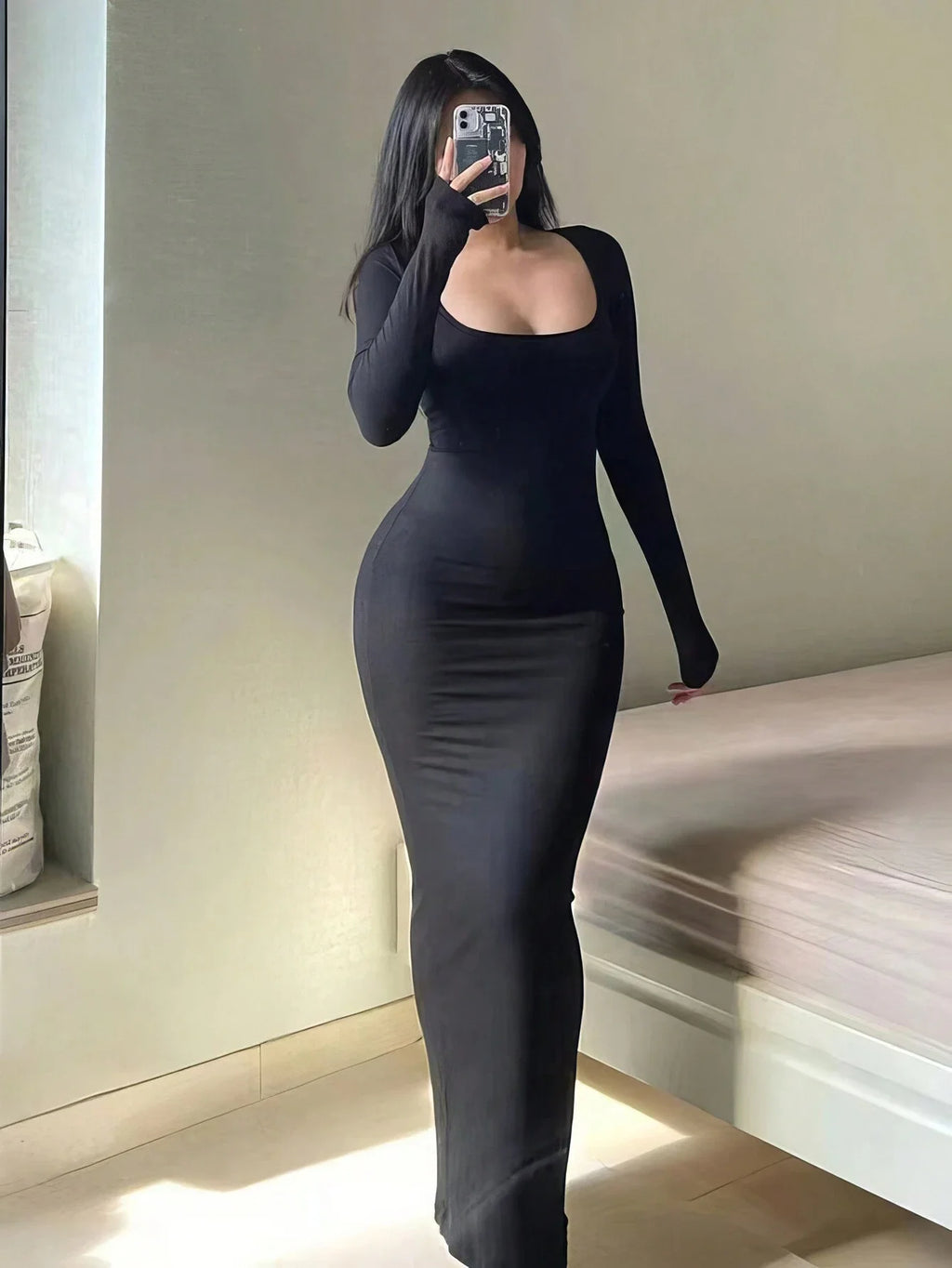 Scoop-Neck Long-Sleeve Maxi Dress