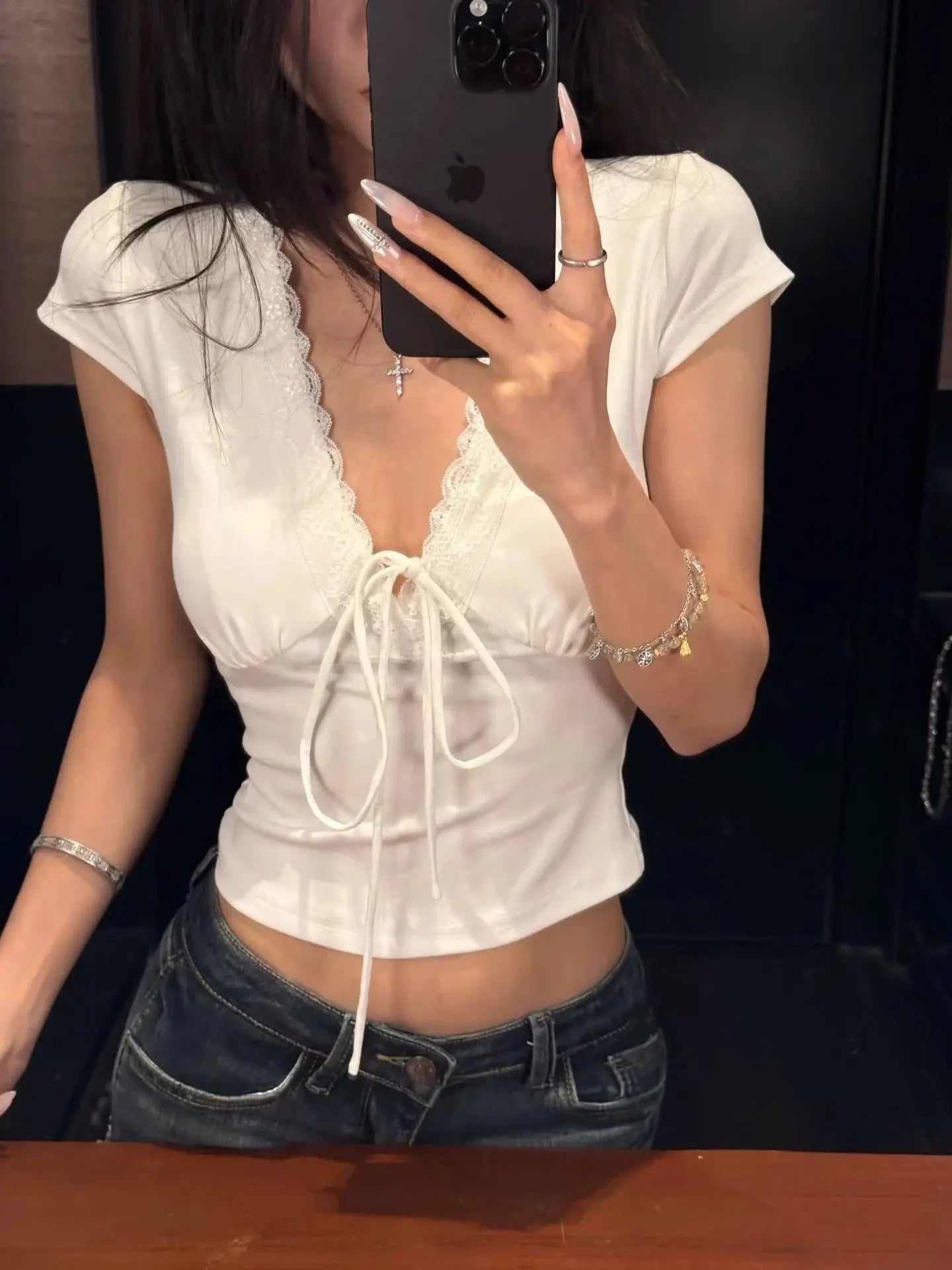 Satin Lace V-Neck Top
