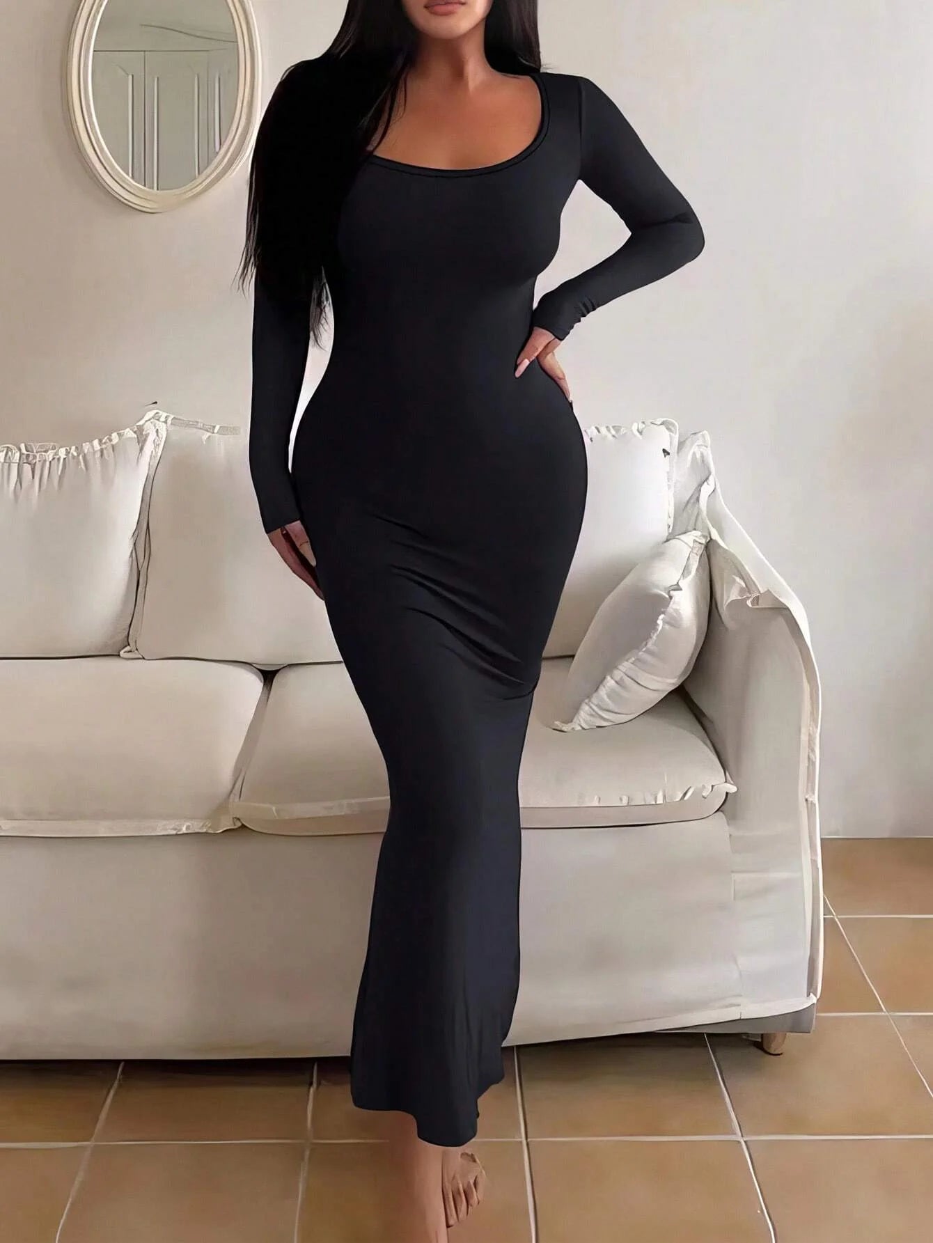 Scoop-Neck Long-Sleeve Maxi Dress