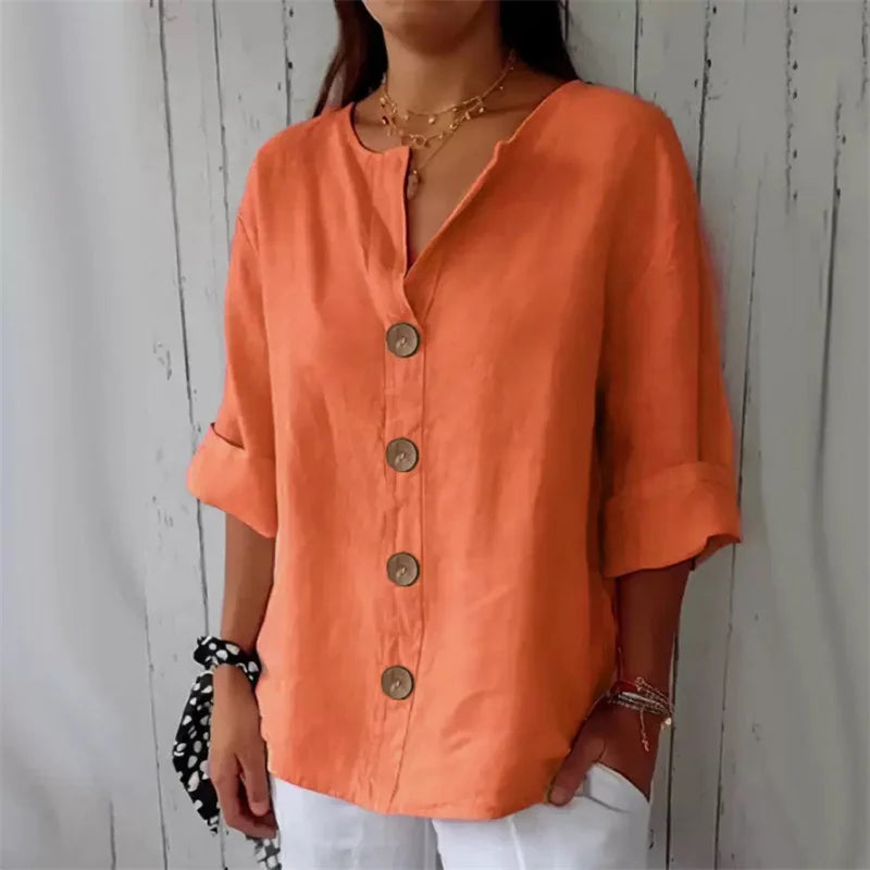 Cotton-Linen Button-Up V-Neck Blouse