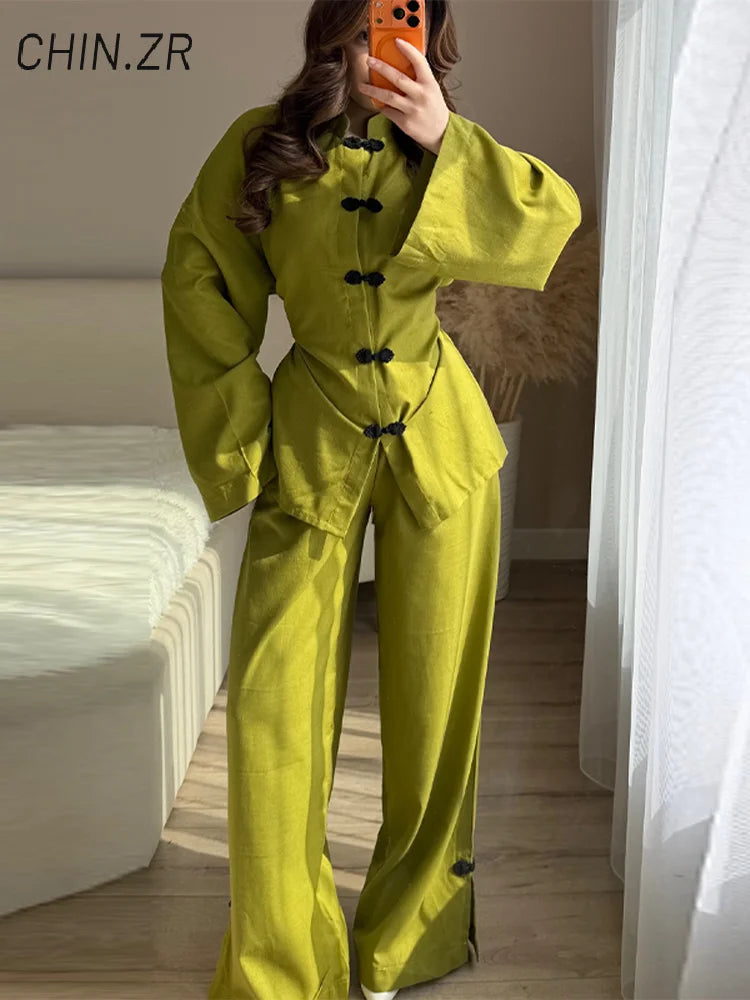 Mandarin Collar Shirt & Wide-Leg Pants Set