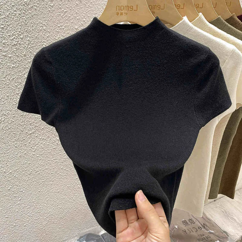 Fine-Knit Short-Sleeve Sweater