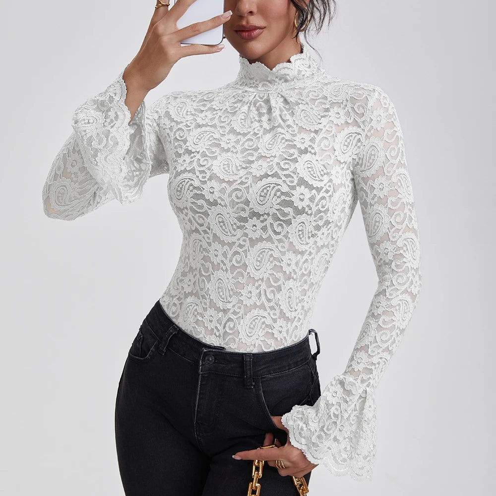 Sienna Lace High-Neck Long-Sleeve Blouse