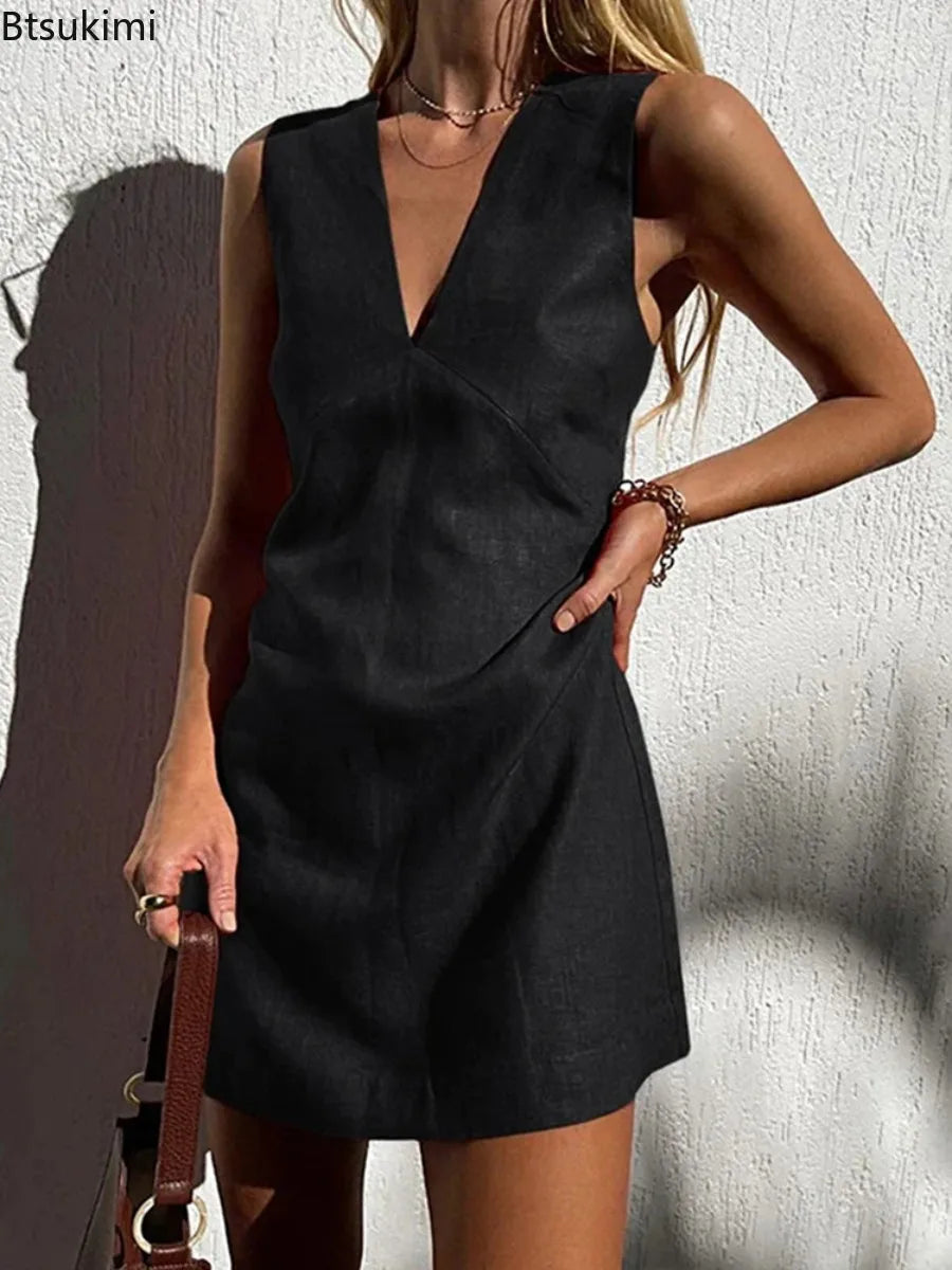 Linen-Look V-Neck Mini Dress