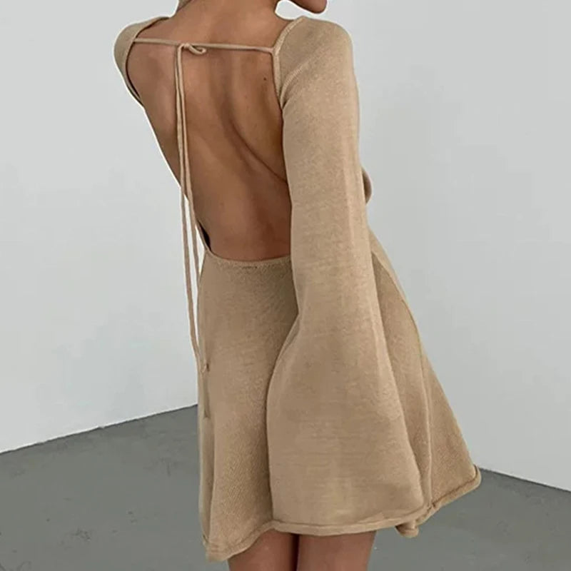 Bell-Sleeve Backless Knit Cover-Up