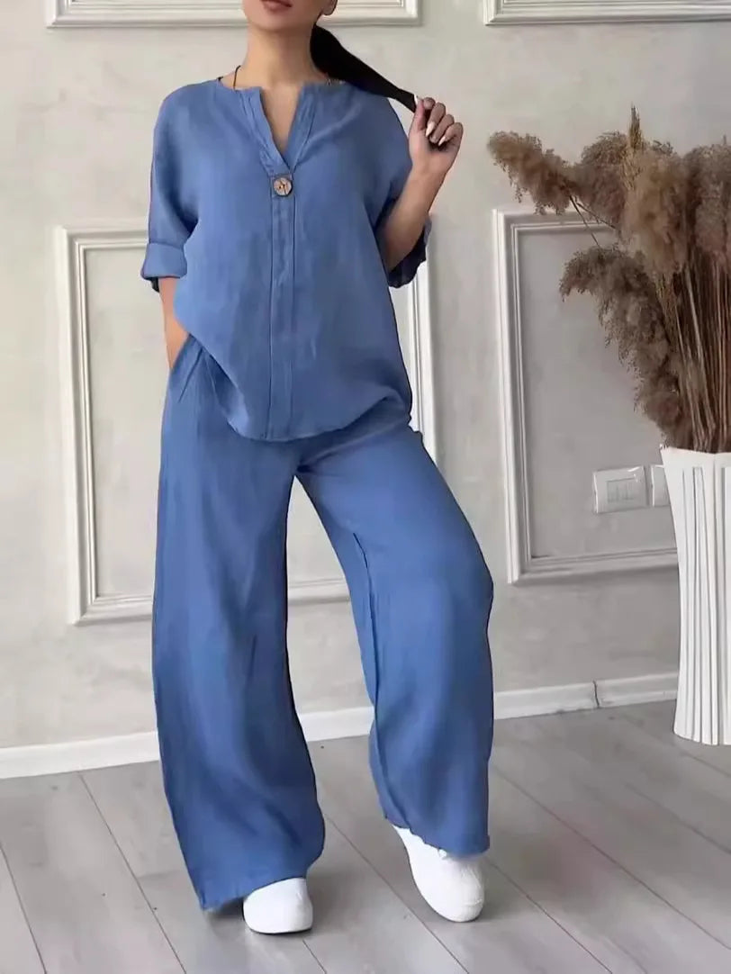 Cotton-Linen Shirt & Wide-Leg Pants Set