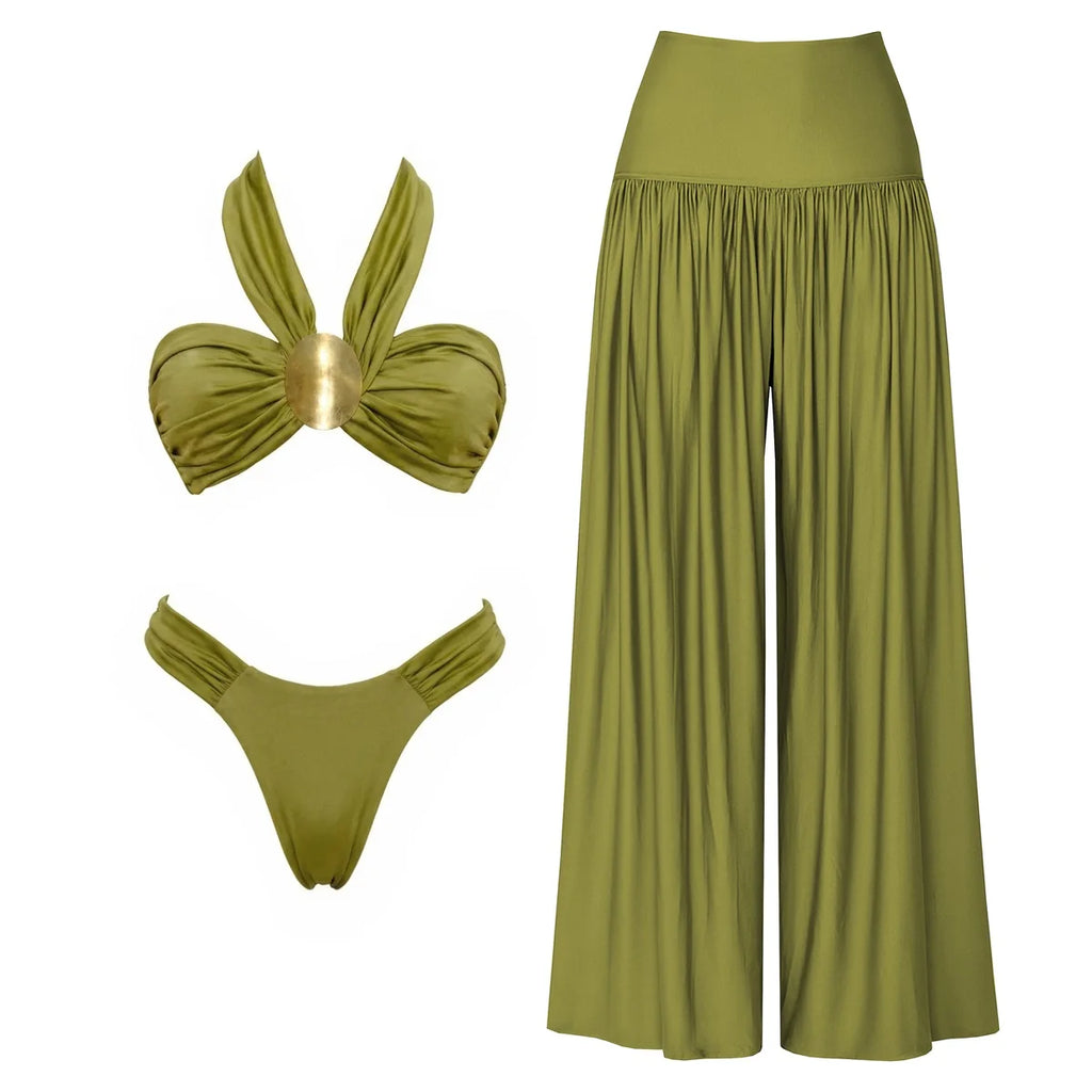 Strappy Three-Piece Bandeau Bikini Set