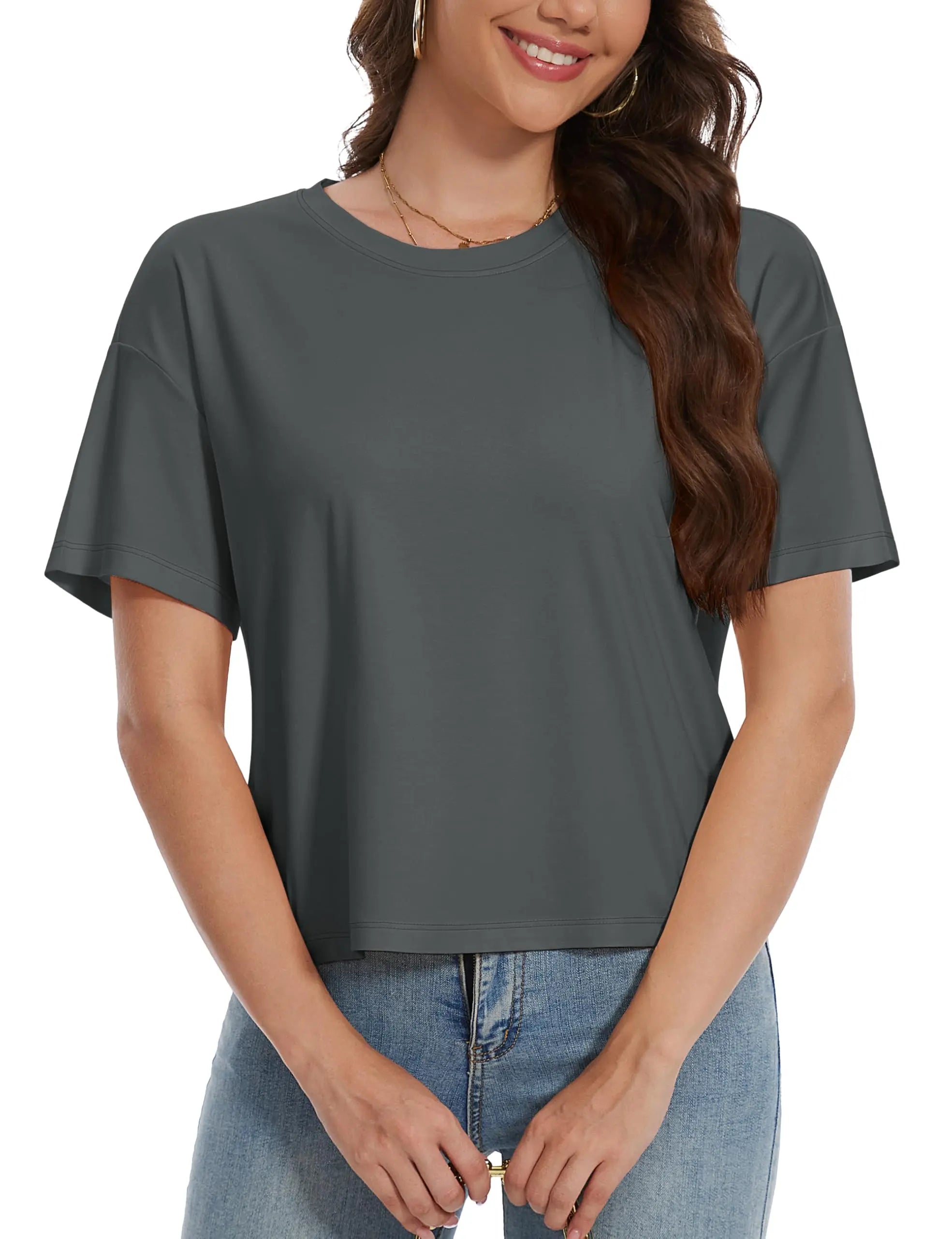 TACVASEN UPF 50+ Cropped Cotton T-Shirts Womens Summer Short Sleeve Casual Crew Neck Tops Breathable Sun UV Block Outdoor Tees