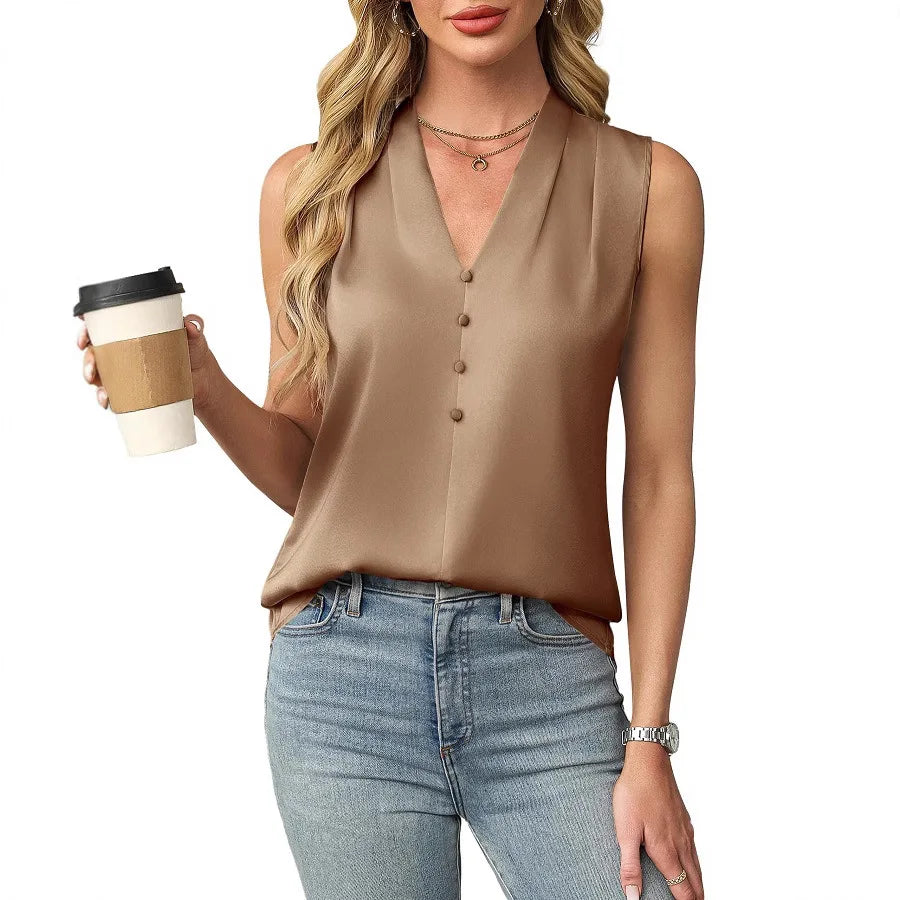 Satin-Look Button-Up V-Neck Tank Top