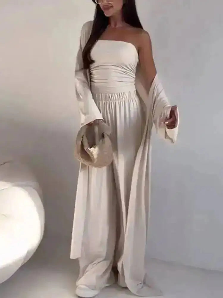 Three-Piece Cardigan & Wide-Leg Pants Set