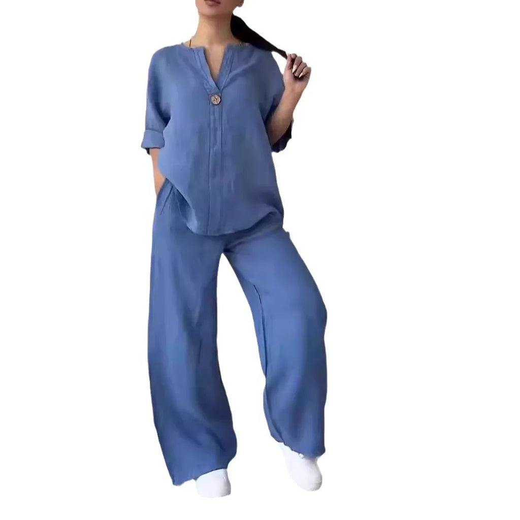 Cotton-Linen Shirt & Wide-Leg Pants Set