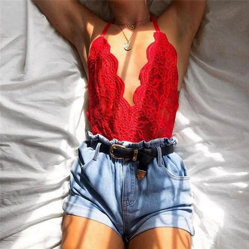 Lace V-Neck Backless Bodysuit