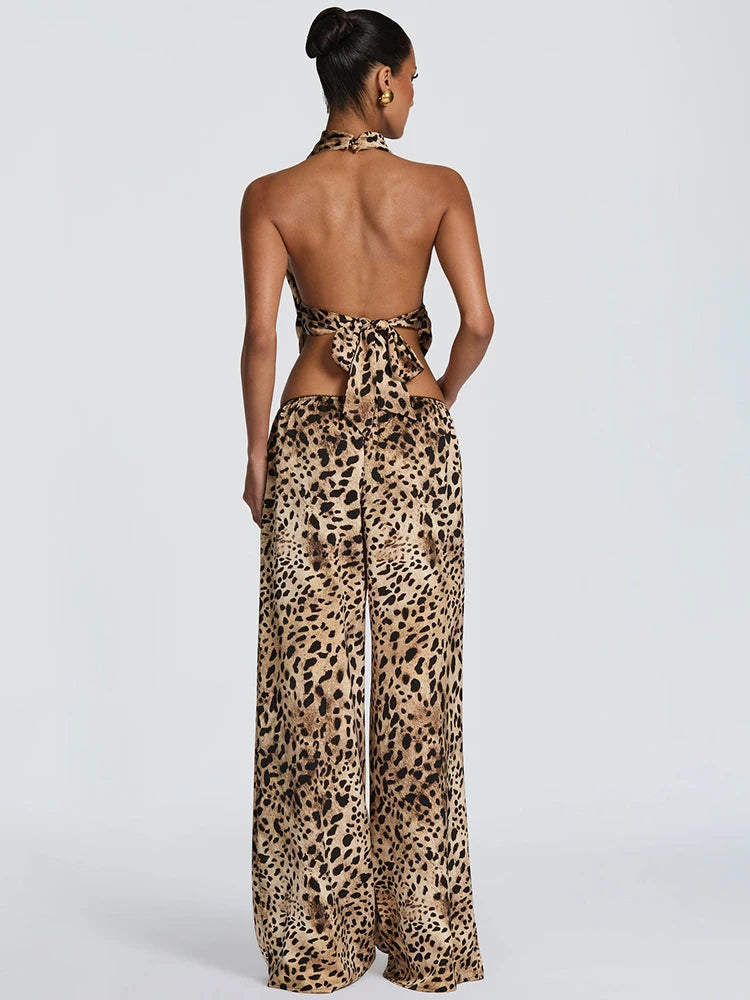 Leopard Halter Top & Wide-Leg Pants Set