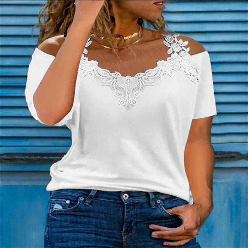 Lace Off-Shoulder V-Neck T-Shirt