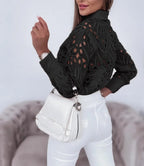 Button-Up Long-Sleeve Cut-Out Blouse