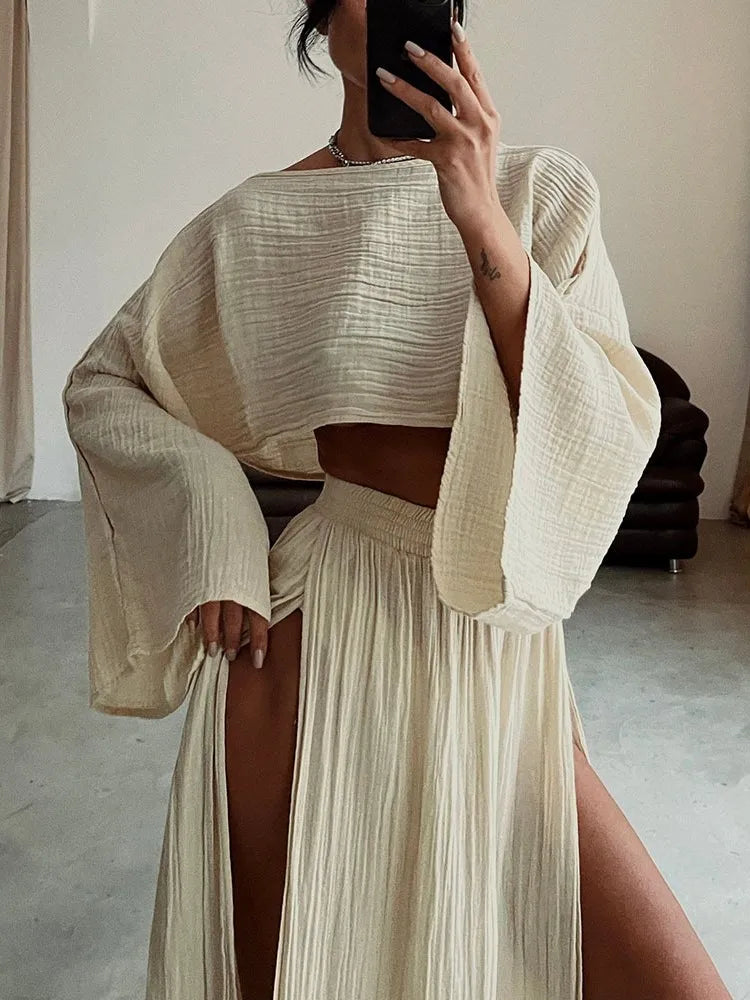 Linen Crop Top & Split Skirt Set
