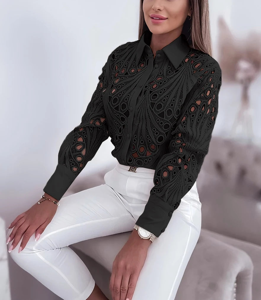 Button-Up Long-Sleeve Cut-Out Blouse