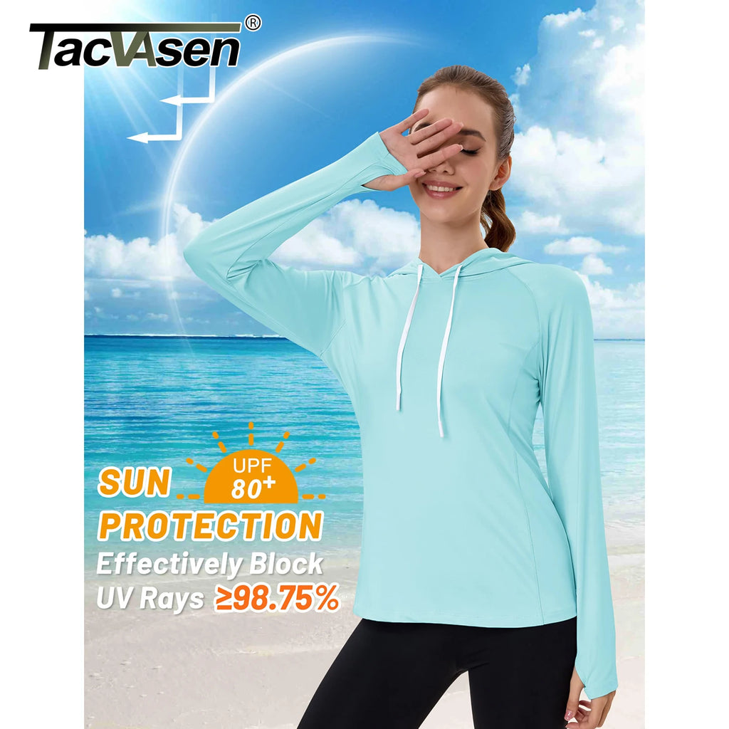 TACVASEN Women's UPF80+ Windproof Quick-Dry Hooded Long Sleeve Shirt with Raglan Thumbhole & Hidden Pocket Hair Port