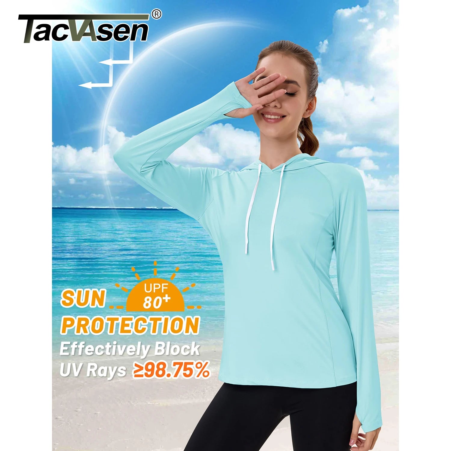 TACVASEN Women's UPF80+ Windproof Quick-Dry Hooded Long Sleeve Shirt with Raglan Thumbhole & Hidden Pocket Hair Port