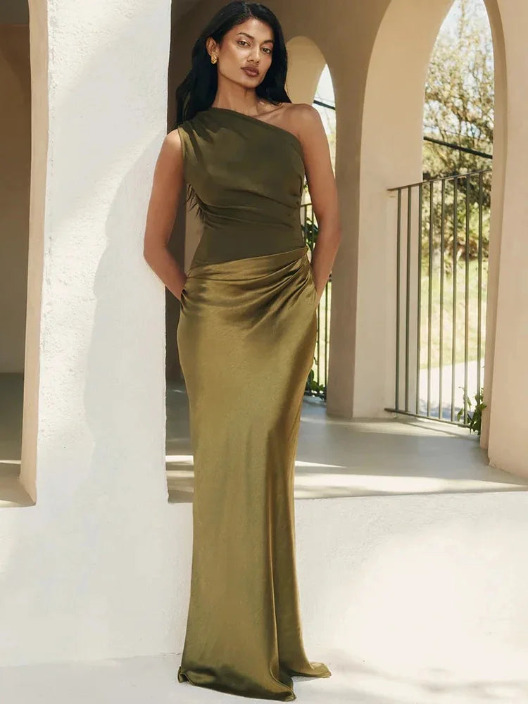 Satin-Look One-Shoulder Maxi Dress