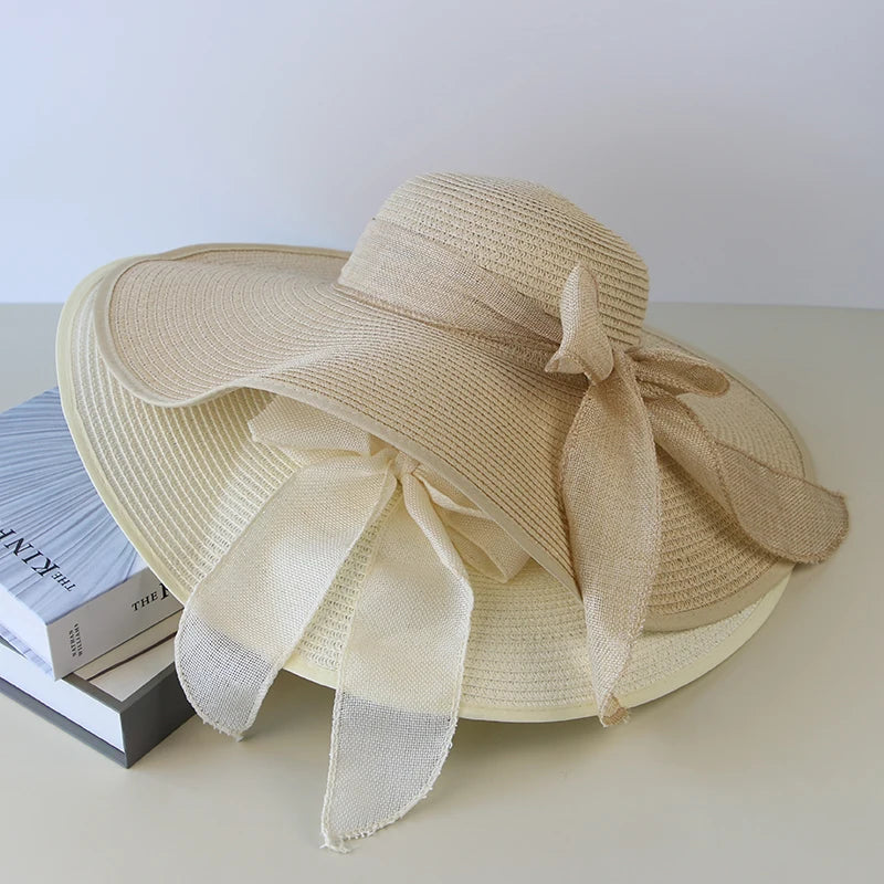 Bow-Trim Floppy Straw Sun Hat