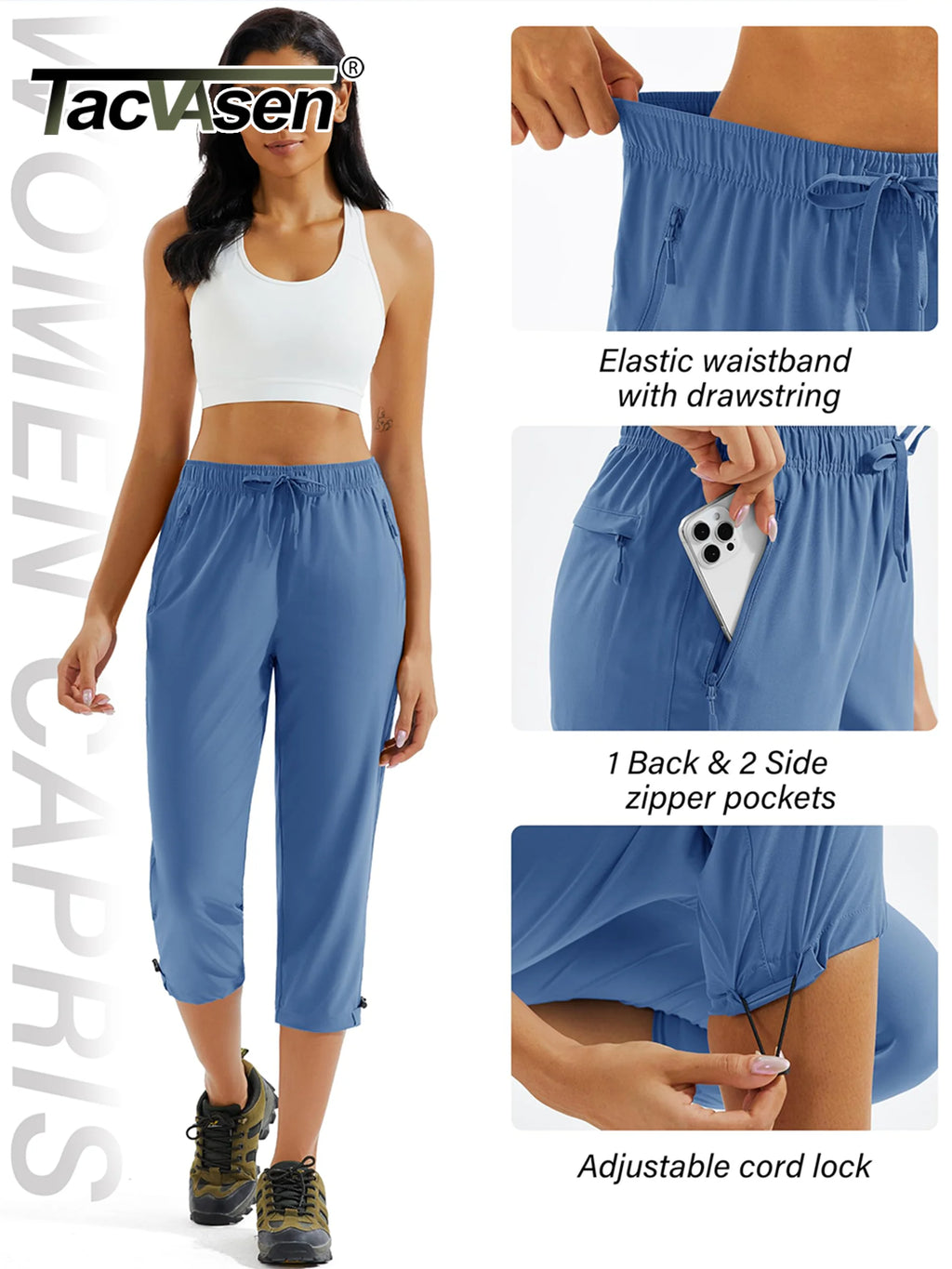 TACVASEN Women's Hiking Capris Pants UPF 50+ Lightweight Quick Dry Workout Travel Summer Casual Drawstring Pants Zipper Pockets