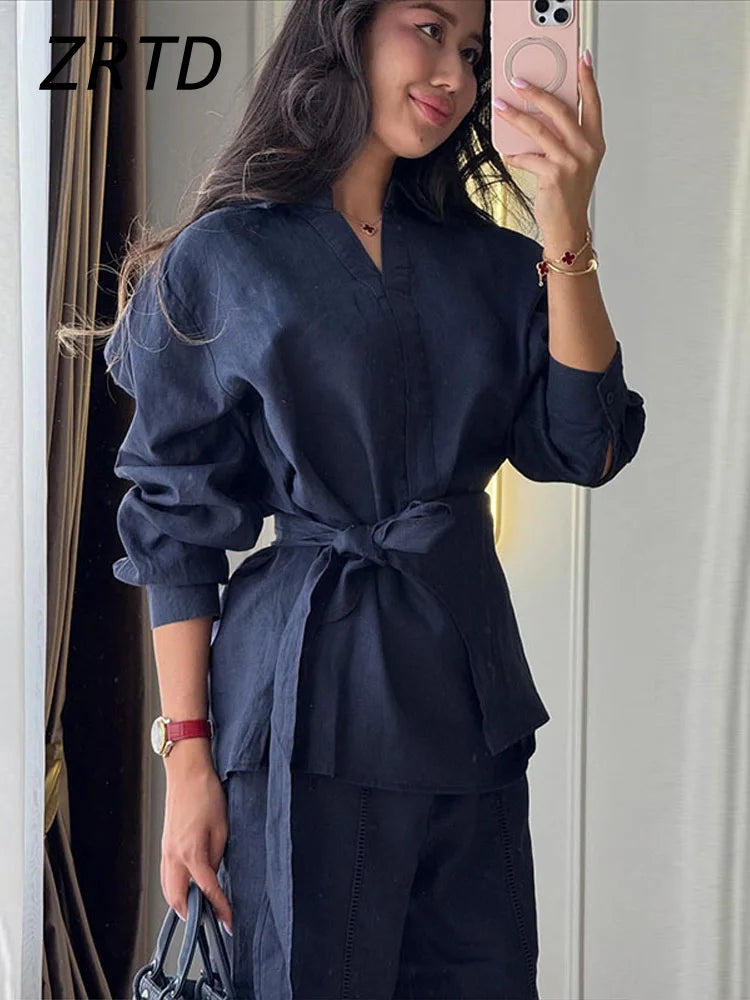 Lace-Up Linen Shirt & Pants Set