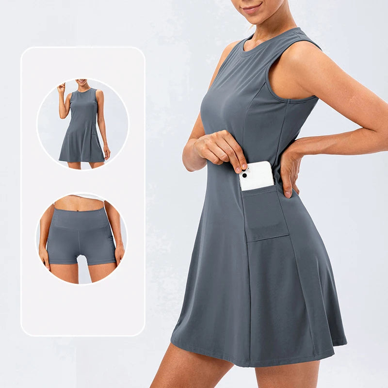 Aurelia Sun Sleeveless Tennis Dress & Shorts Set – Grey – image 8