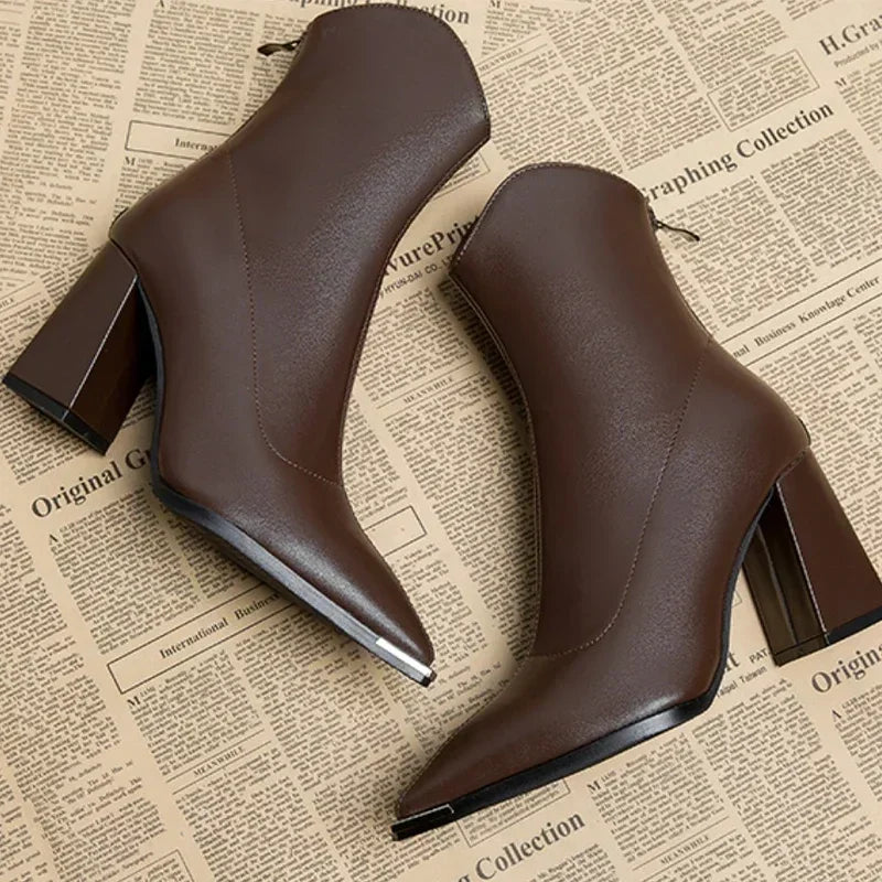 Pointed-Toe Chrome-Tip Ankle Boots