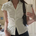 Button-Up Short-Sleeve Cropped Blouse