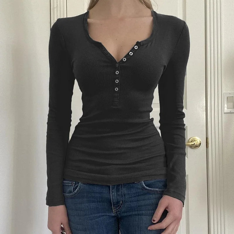 Button-Up Long-Sleeve Slim-Fit Crop T-Shirt