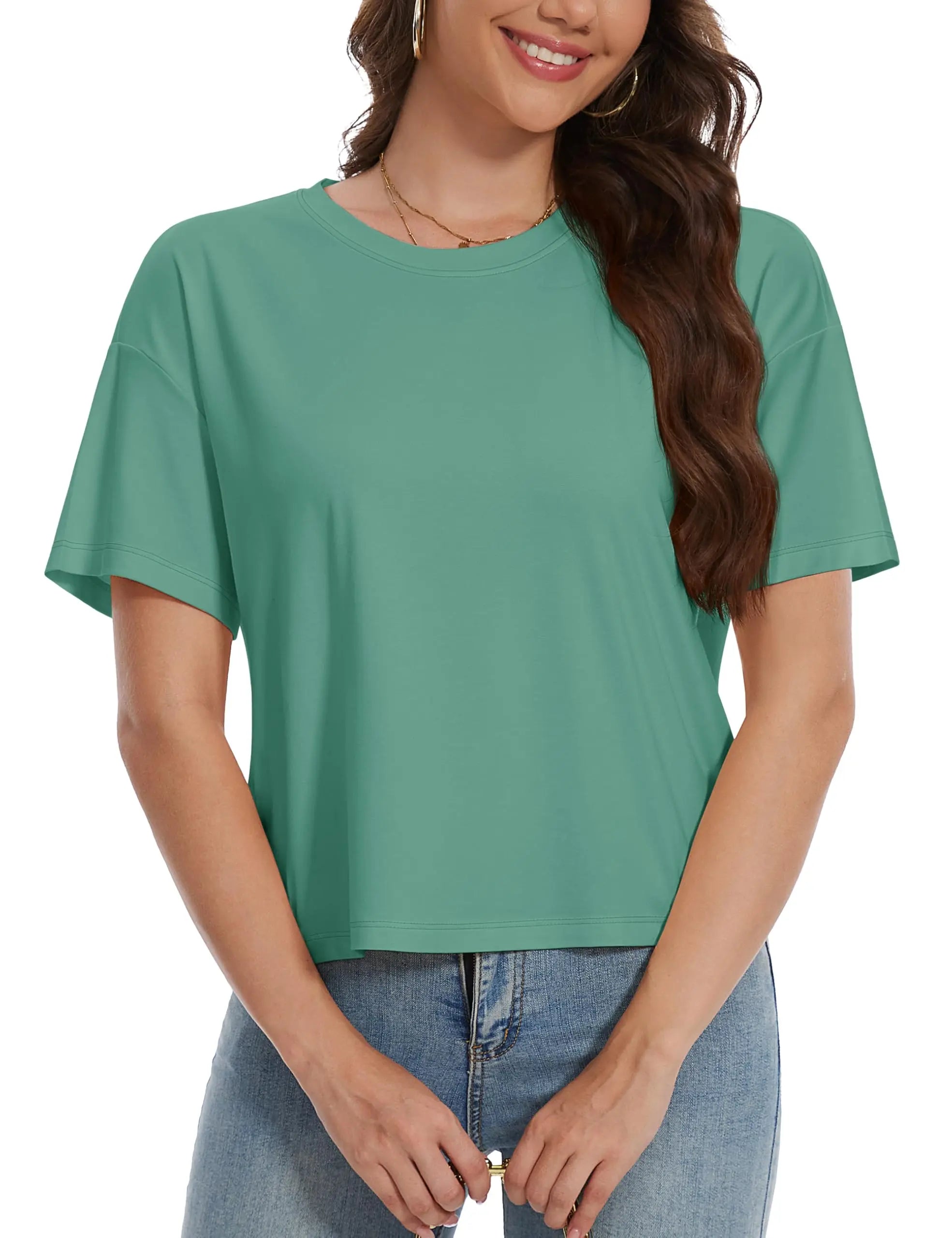 TACVASEN UPF 50+ Cropped Cotton T-Shirts Womens Summer Short Sleeve Casual Crew Neck Tops Breathable Sun UV Block Outdoor Tees