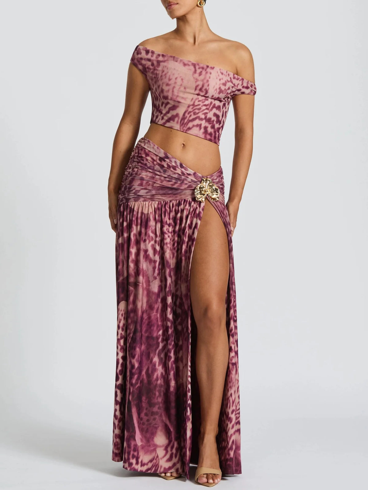 Printed Halter Top & Ruched Midi Skirt Set
