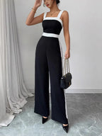 Contrast-Trim Square-Neck Jumpsuit