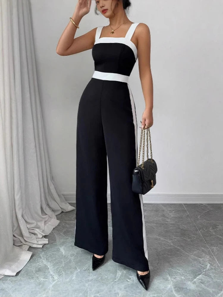 Contrast-Trim Square-Neck Jumpsuit
