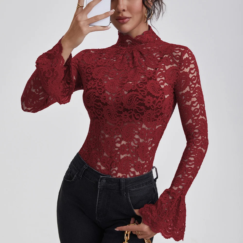Sienna Lace High-Neck Long-Sleeve Blouse