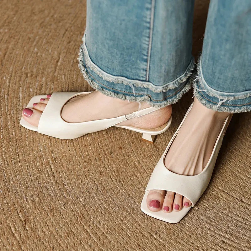 Leather Square-Toe Slingback Heels