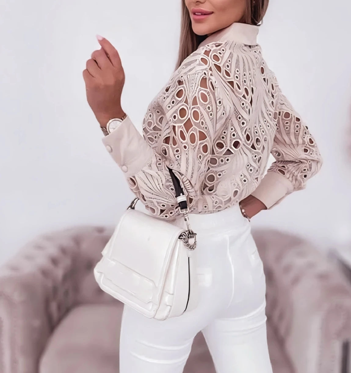 Button-Up Long-Sleeve Cut-Out Blouse
